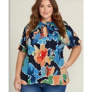 Lauren Ralph Lauren Tie V-Neck Crinkle Chiffon Multicolor Floral Blouse 3XL